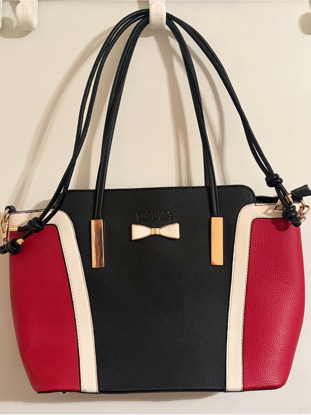 Michael Kors Colorblock Tote Bag Black Red White Bow Shoulder Purse